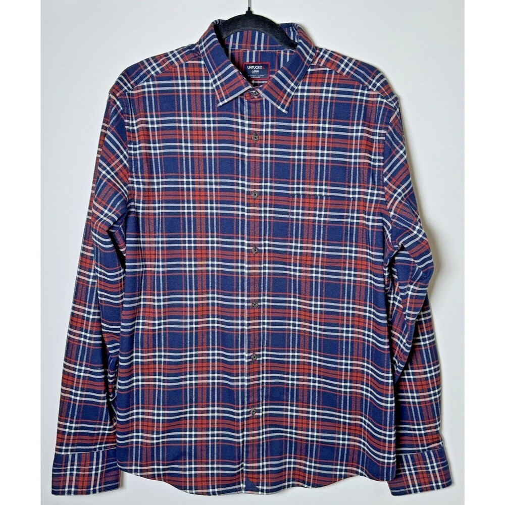 Untuckit Shirt Mens Large Red Blue Plaid Stretch Long‎ Sleeve Regular Fit Preppy